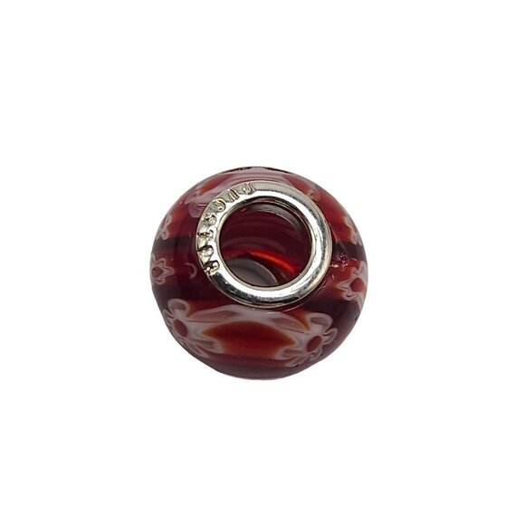 Sterling Silver Red Floral Murano Glass Bracelet Charm Bead - Picture 2 of 6